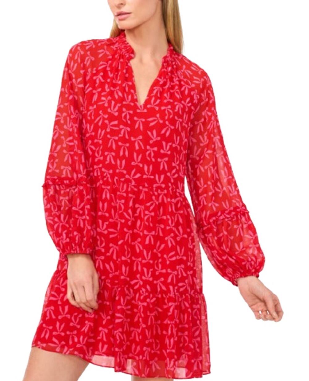 CECE Women's Bow-Print Babydoll Dress Large Red Pink Long-Sleeve NWT